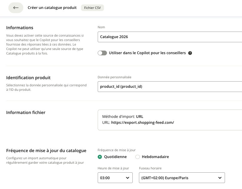 Paramétrage de la fréquence de mise à jour via URL